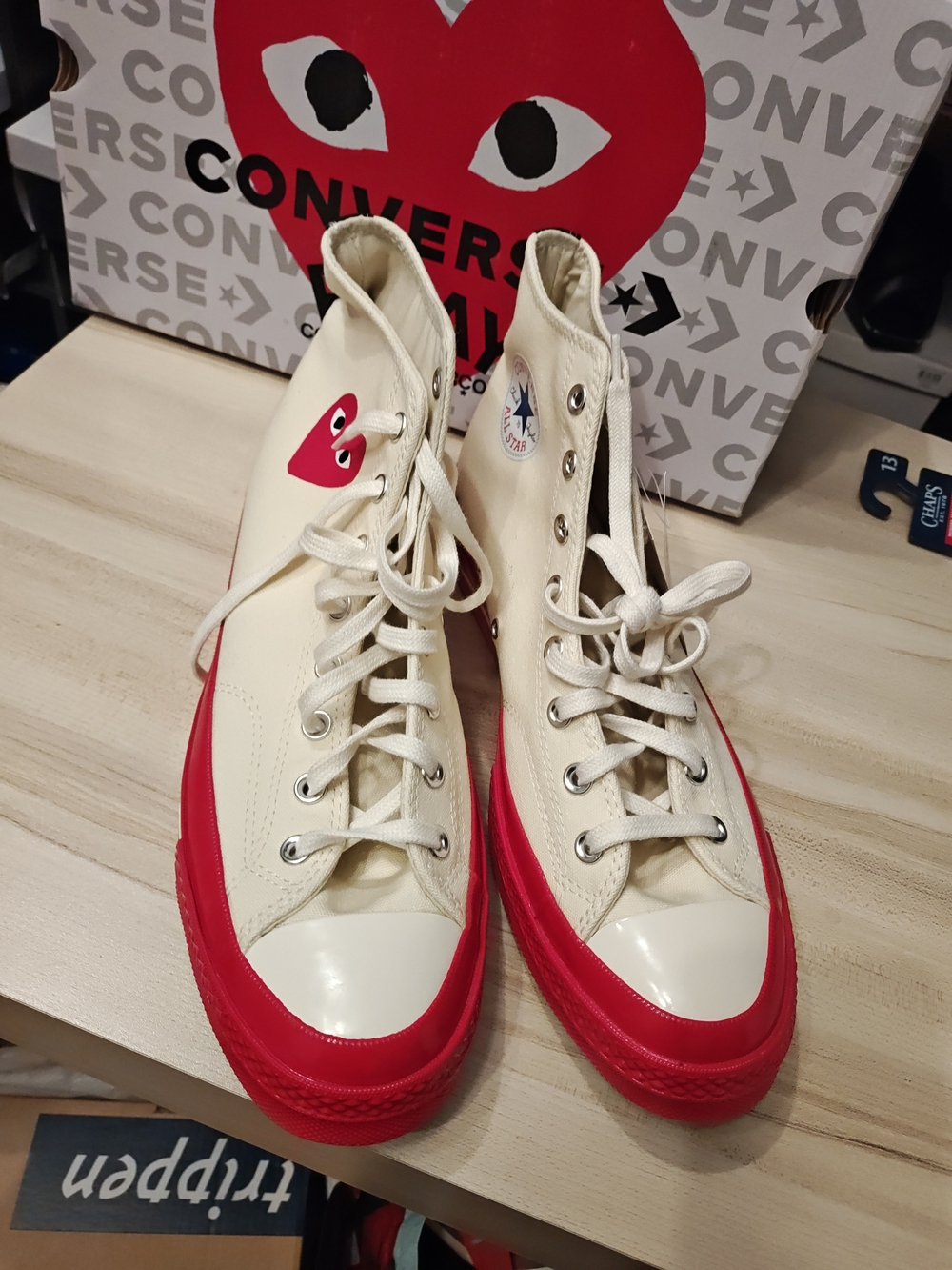 Comme des Garcons PLAY x Converse High-Top Sneakers in Cream and Red